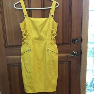 Cache Yellow Satin Lined Cocktail Dress Sz 6  with Lace Detail.